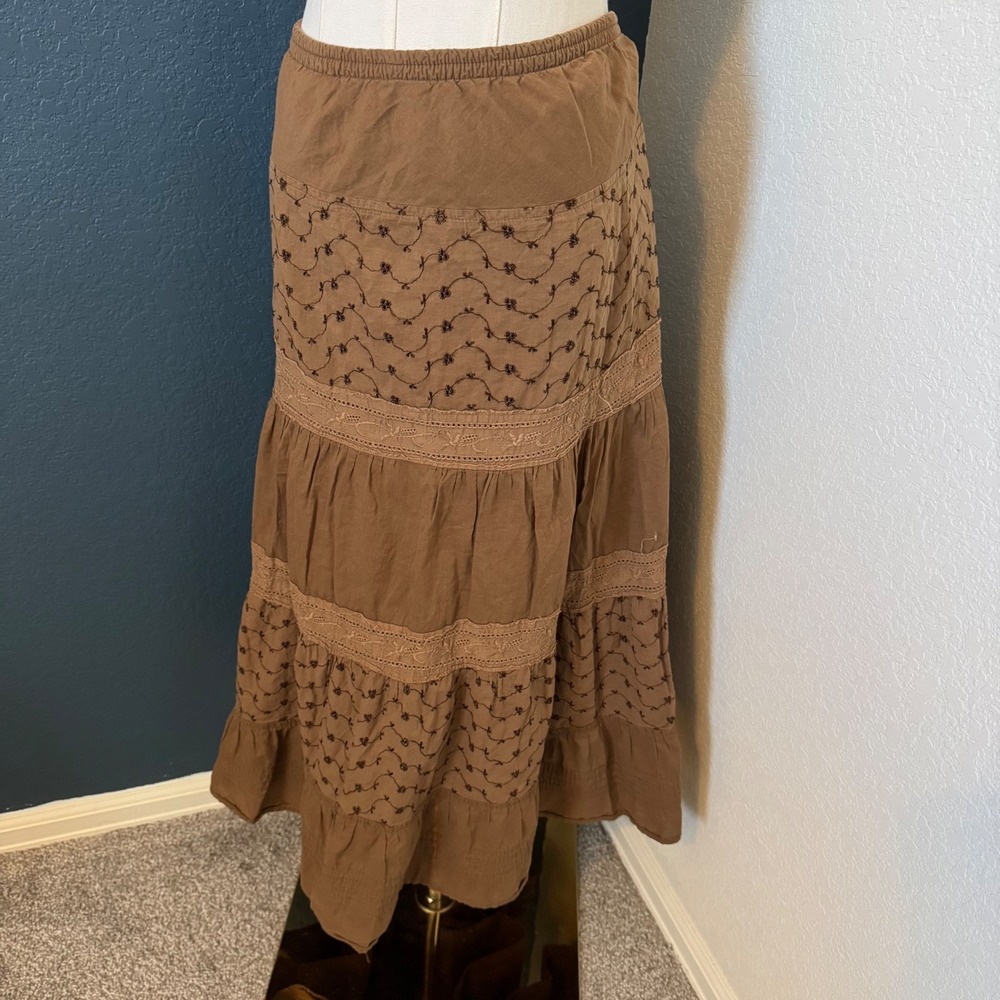 Cottagecore Boho I.E. Relaxed Tiered Midi Skirt Size 8 Brown Embroidery Lace